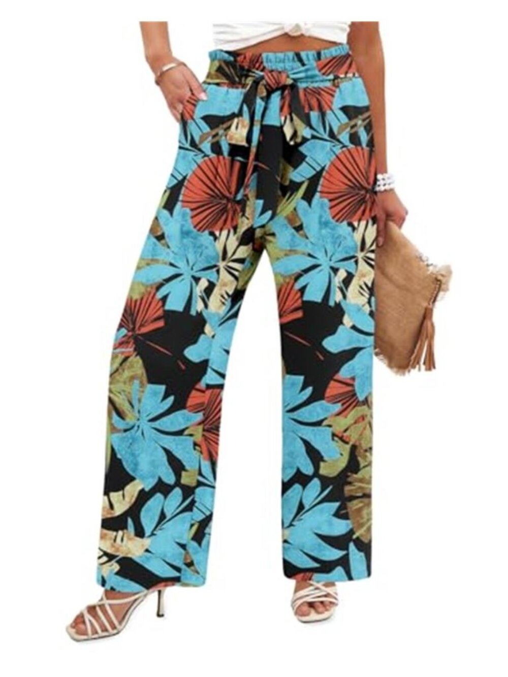 Womens Wide Leg Pants High Waist Elastic Flowy Palazzo Trousers Business Pockets